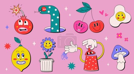 Retro-Comicfiguren, die in den 80er, 90er Jahren spielen. Bunte komische Patch-Emotionen. Pilz, Schlange, lächelnde Blume, kreative Teekanne, Zitrone, glückliches Ei, Überraschungsbombe. Vektor-Illustration auf rosa Hintergrund