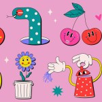 Retro cartoon characters set in 80's, 90's. Colorful comic patch emotions. Mushroom, snake, smiling flower, creative teapot, lemon, happy egg, surprised bomb. Vector illustration on pink background