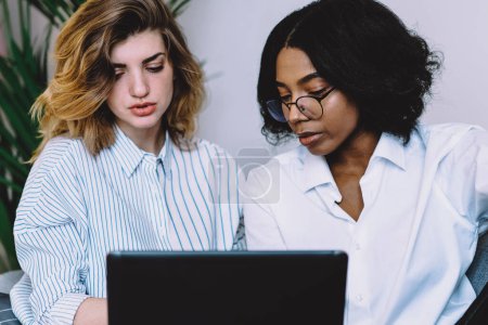 Photo for African american young woman with caucasian colleague cooperating on development own design website at laptop device using wireless internet working remotely at home in modern apartment - Royalty Free Image