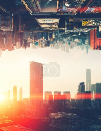 Futuristisches multiversales Weltkonzept. Innenstadt mit Wolkenkratzern darunter und Stadtbild drüber. Zwei Parallelwelten. Alternative Realitätsdimension