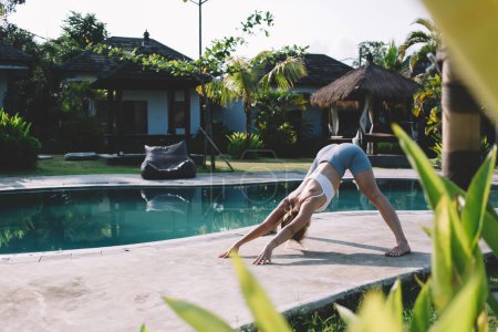 Téléchargez les photos : Vue de côté de la femelle anonyme faisant Prasarita Padottanasana pose de yoga pendant l'entraînement au bord de la piscine en station tropicale au soleil et profiter des vacances d'été - en image libre de droit