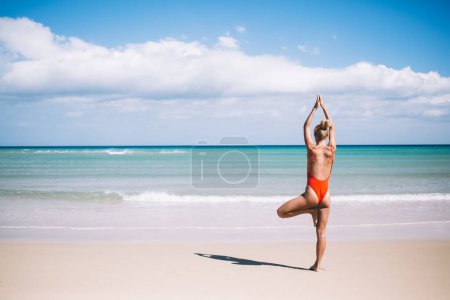 Back view of slim woman with perfect body figure practicing yoga during resort holidays for recreation on Seychelles island, carefree female standing in tree pose on white sand tropical beach