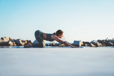 Foto de Vista lateral de una joven mujer concentrada en ropa deportiva practicando yoga en posición Cat-Cow sobre alfombra con mar borroso y piedras sobre fondo - Imagen libre de derechos