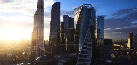 Photo for Birds eye view of high rise glass buildings of business companies located in Moscow City modern downtown. Aerial drone view with skyscrapers in financial center. - Royalty Free Image