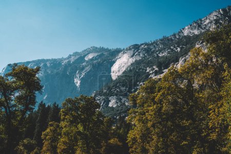 Téléchargez les photos : Incroyable paysage de chaîne de montagnes situé contre ciel bleu sans nuages et forêt verte Parc national de Yosemite en Amérique par temps ensoleillé - en image libre de droit