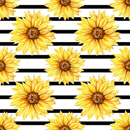 Téléchargez les photos : Watercolor Sunflower Background, Sunflower Seamless pattern with Hand Painted Watercolor Sunflowers and Greenery on white background - en image libre de droit