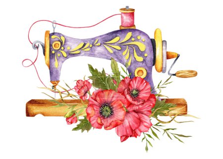 Logo de couture. Machine à coudre vintage avec couronne florale. Illustration aquarelle sur fond blanc isolé. Hobby. Un passe-temps fait maison. Broderie, couture. Logo de la boutique sur mesure.