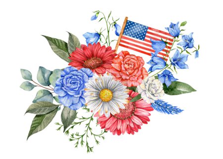 4th of July Patriotic Concept. Independence Day design element. Hand Painted Watercolor Floral Arrabgement . Botaical Illustration