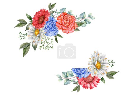 4th of July Patriotic Concept. Independence Day design element. Hand Painted Watercolor Floral Arrabgement . Botaical Illustration