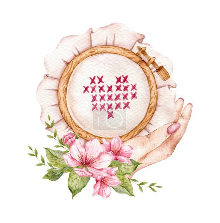 Embroidery logo. Embroidery Hoop. Vintage Needlework with florals. Watercolor illustration on white isolated background. Hobby. Homemade hobby. Embroidery, sewing. Tailor shop logo.