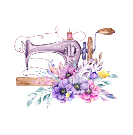 Photo for Sewing logo. Vintage sewing machine with floral wreath. Watercolor illustration on white isolated background. Hobby. Homemade hobby. Embroidery, sewing. Tailor shop logo. - Royalty Free Image