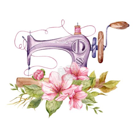 Photo for Sewing logo. Vintage sewing machine with floral wreath. Watercolor illustration on white isolated background. Hobby. Homemade hobby. Embroidery, sewing. Tailor shop logo. - Royalty Free Image
