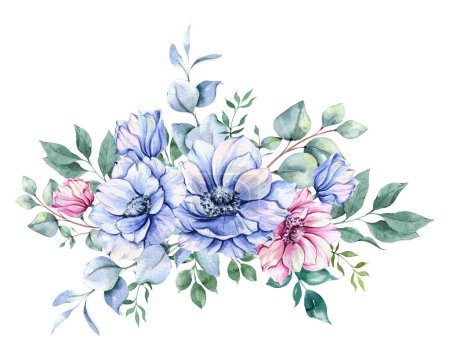 Photo for Anemone Flowers Watercolor Illustration. Blue, Pink and Purple Anemones Hand Painted isolated on white background.  Perfect for wedding invitations, bridal shower and  floral greeting cards - Royalty Free Image