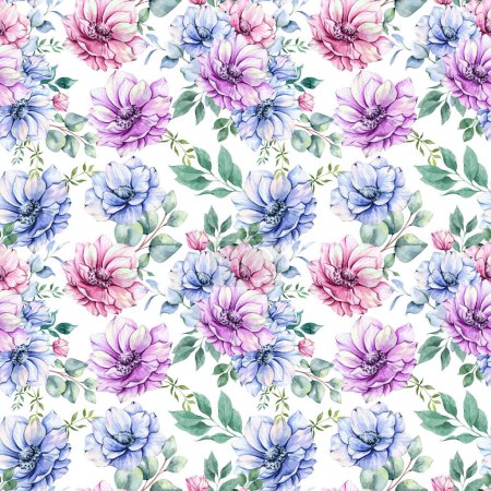 Foto de Elegante patrón floral sin costuras con flores de anémona acuarela y vegetación. Fondo floral sin costuras en colores rosa, azul y púrpura - Imagen libre de derechos