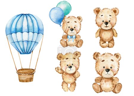 Photo for Cute Baby Bear with Balloons Watercolor Illustration, Little Bear with balloons Isolated on white background. Hand Drawn Lovely Animal for nursery decor children illustration. Baby shower concept - Royalty Free Image