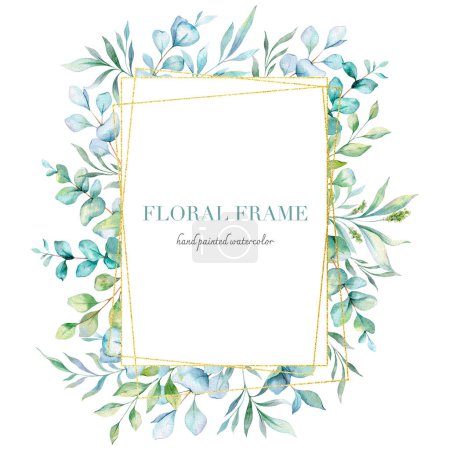 Photo for Eucalyptus Watercolor Frame. Eucalyptus Greenery Frame Hand Painted isolated on white background.  Perfect for wedding invitations, floral labels, bridal shower and  floral greeting cards - Royalty Free Image