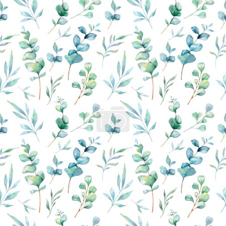 Photo for Seamless watercolor floral pattern with eucalyptus greenery, leaves, branches. Eucalyptus background for wallpapers, postcards, greeting cards, wedding invites, textile, events. Floral Watercolor - Royalty Free Image