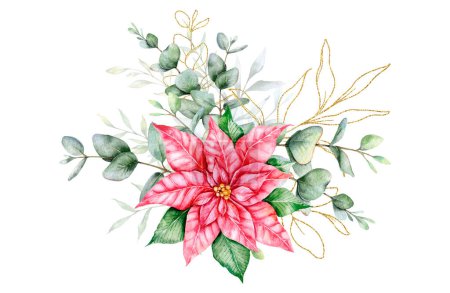Téléchargez les photos : Bouquet de Noël Eucalyptus et Poinsettia Aquarelle peinte à la main Illustration. Parfait pour les invitations de mariage, étiquettes florales, douche nuptiale et cartes de vœux florales - en image libre de droit