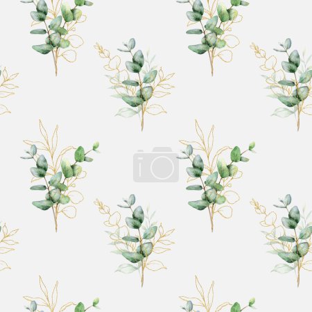 Nahtloses Aquarell-Blumenmuster mit Eukalyptusgrün, Blättern, Zweigen. Eukalyptus Hintergrund für Tapeten, Postkarten, Grußkarten, Hochzeitseinladungen, Textilien, Veranstaltungen. Florales Aquarell
