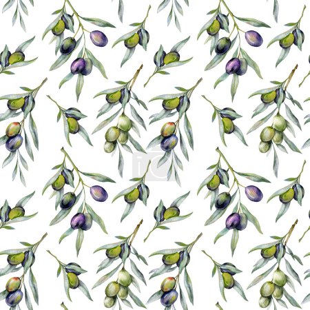 Nahtloses Aquarell-Olivenmuster mit Olivenzweigen. Oliven Hintergrund für Tapeten, Postkarten, Grußkarten, Hochzeitseinladungen, Textilien, Veranstaltungen. Florales Aquarell