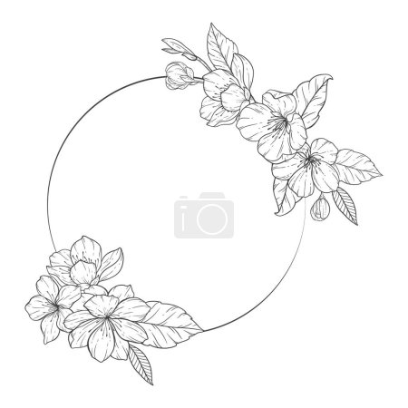 Floral Line Art Rahmen, Sakura Flower Outline Illustration Set. Handbemalte Doodle Flowers. Perfekt für Hochzeitseinladungen, Brautduschen und florale Grußkarten. Schwarz-weiße Schablonenblumen