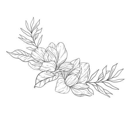 Ilustración de Floral Line Art. Magnolia Esquema de flores para colorear páginas florales, invitaciones minimalistas de boda moderna - Imagen libre de derechos