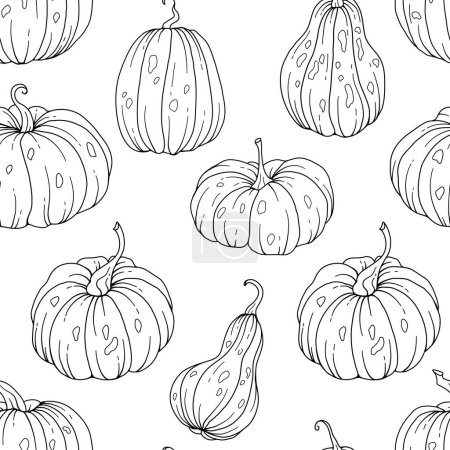 Illustration for Elegant floral Seamless pattern with outline pumpkins. Thanksgiving Background. Line Art Pumpkin Seamless Background - Royalty Free Image