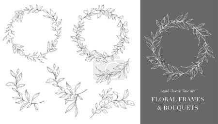 Floral Frames Line Art, Fine Line Greenery Frames Hand Drawn Illustration. Outline Leaves and Flowers. 
