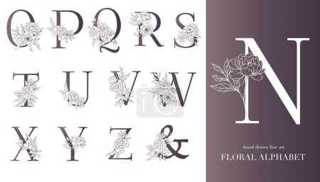 Illustration for Floral Alphabet Line Art Illustration. Floral Monogram Hand Drawn - Royalty Free Image