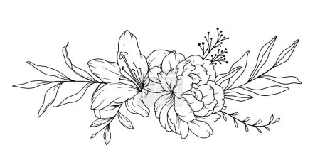 Illustration for Peony Line Drawing. Black and white Floral Bouquets. Flower Coloring Page. Floral Line Art. Fine Line Peony illustration. Hand Drawn flowers. Botanical Coloring. Wedding invitation flowers - Royalty Free Image