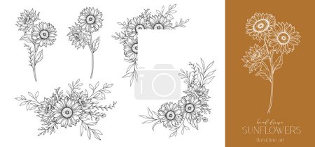 Sunflowers Line Drawing. Sunflower Frame Line Art. Floral frame. Floral Line Art. Fine Line Sunflower  illustration. Hand Drawn Outline flowers. Botanical Coloring Page. Wedding invitation flowers
