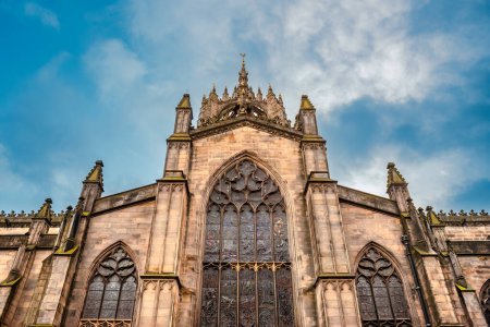 Edinburgh, Scotland - January 22nd, 2024: a closer view of the side of St. Giles Cathedral, showing the Gothic architectural style