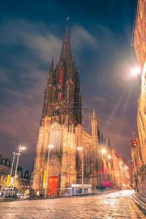 The Hub, formerly known as Tolbooth Kirk, lit up at night in the heart of the Edinburgh old town, Scotland