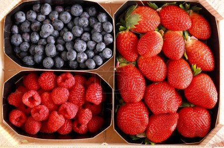 Photo for Fresh mixed berries - blueberry, strawberry and raspberry in boxes - Royalty Free Image