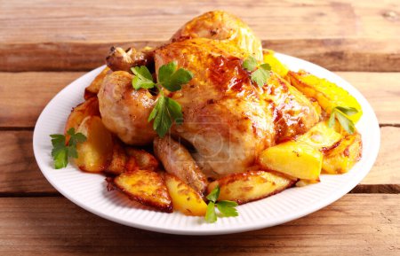 Photo for Roast chicken with potatoes on wooden table - Royalty Free Image