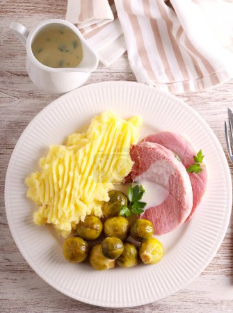 Photo for Traditional Irish meal boiled ham, mashed potatoes and cabbage - Royalty Free Image