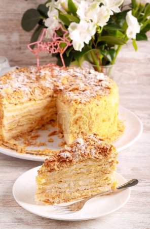 Photo for A mille-feuille or Napoleon cake, layered pastry with custard cream - Royalty Free Image