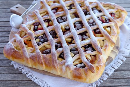 Photo for Summer berries and fruit lattice pie - Royalty Free Image