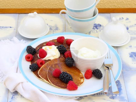 Photo for Homemade protein pancakes with skyr yogurt and berries - Royalty Free Image