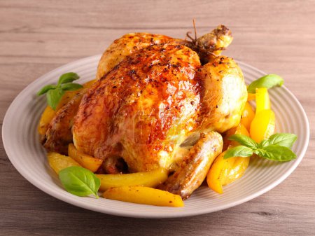 Photo for Roast whole chicken with potatoes on plate - Royalty Free Image