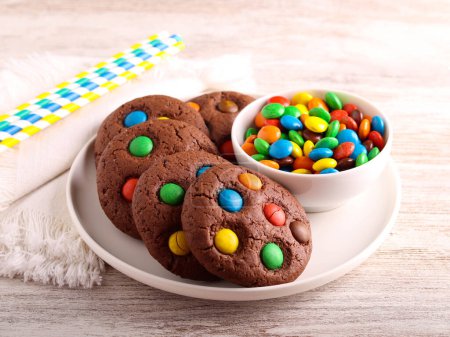 Photo for Chocolate cookies with color candies. M and m cookies - Royalty Free Image