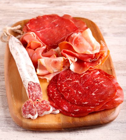 Photo for Cold cuts assortment of sliced meat and sausages - Royalty Free Image