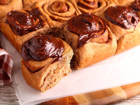 Photo for Chocolate cinnamon swirl buns with chocolate ganache - Royalty Free Image