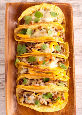 Photo for Homemade ground beef, mushrooms and pepper tacos - Royalty Free Image