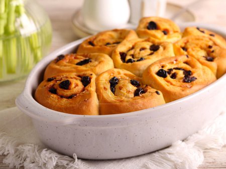 Chelsea buns in a baking tin