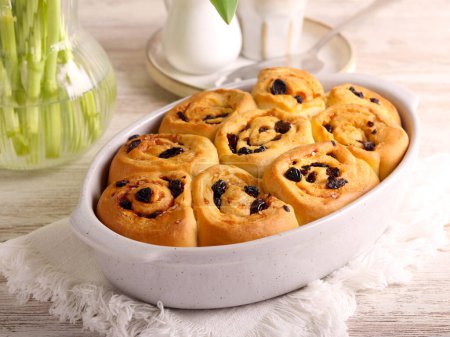Chelsea buns in a baking tin