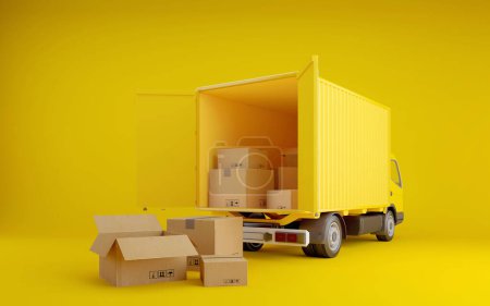 Téléchargez les photos : Camion de livraison jaune avec boîtes en carton.Expédition de transport.3d rendu - en image libre de droit