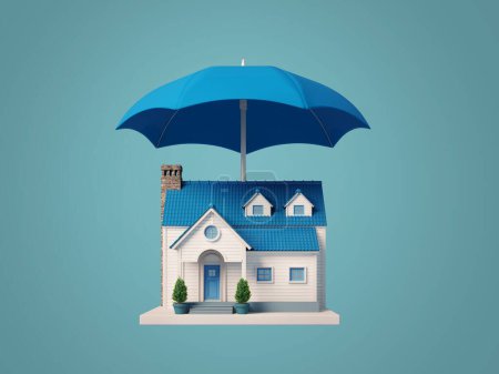 Téléchargez les photos : Maison avec parapluie.Concept pour l'assurance domicile.3d rendu - en image libre de droit