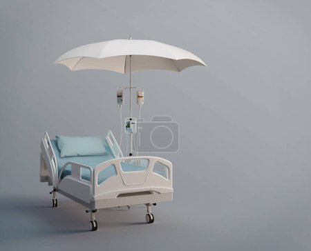 Téléchargez les photos : Lit d'hôpital avec parapluie.Concept d'assurance maladie.3d rendu - en image libre de droit