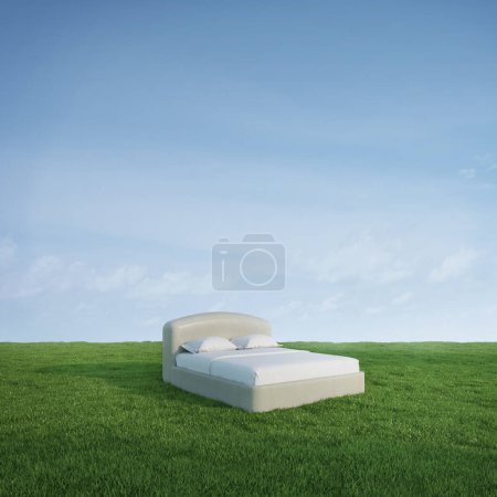 Foto de Bed on green meadow grass with blue sky background.3d rendering - Imagen libre de derechos